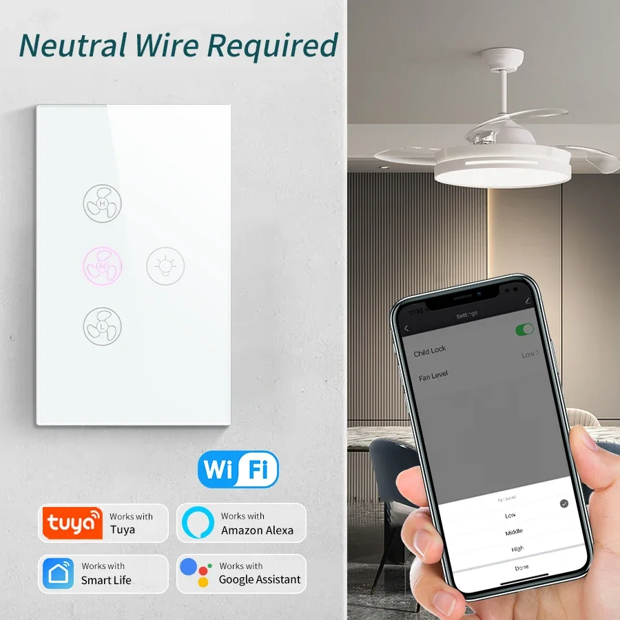 

Потолочный вентилятор Tuya Wi-Fi, умный переключатель, сенсорный прерыватель, приложение для умного дома, голосовое управление, работа с различной регулировкой скорости Alexa