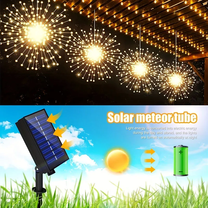 Solar Firework LED Star Burst Light, Controle Remoto, Fairy Lights para Pátio, Eave, Jardim, Luzes de Natal, 8 Modos, 360, 480