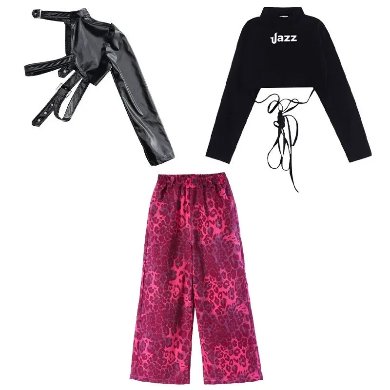 Kostum panggung dansa Jazz perempuan, kostum latihan Hip-hop, celana panjang longgar cetakan macan tutul merah muda Musim Semi dan Musim Gugur usia 7-15 tahun