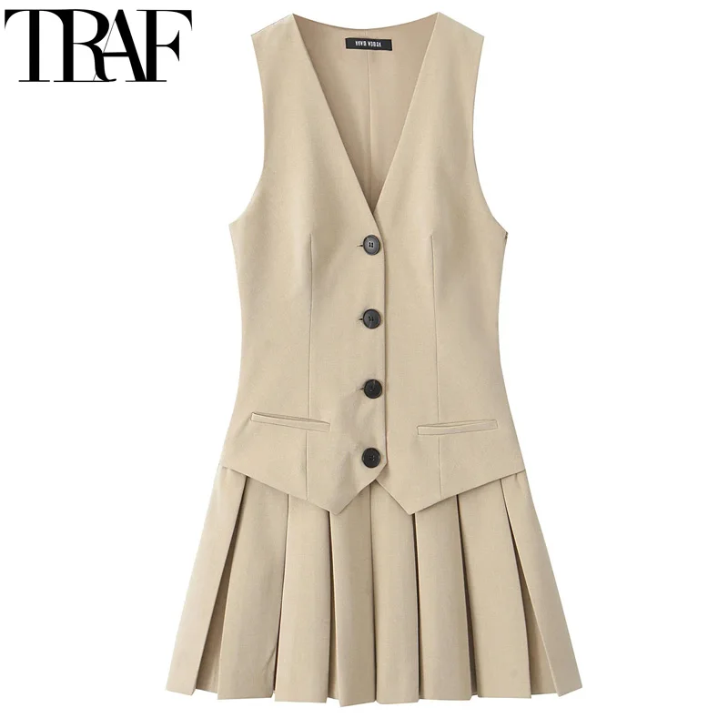 TRAF Women's Dress 2025 Pleated Sleeveless Mini Dress Woman Office Tank Short Dresses For Women Button Casual Solid Dresses