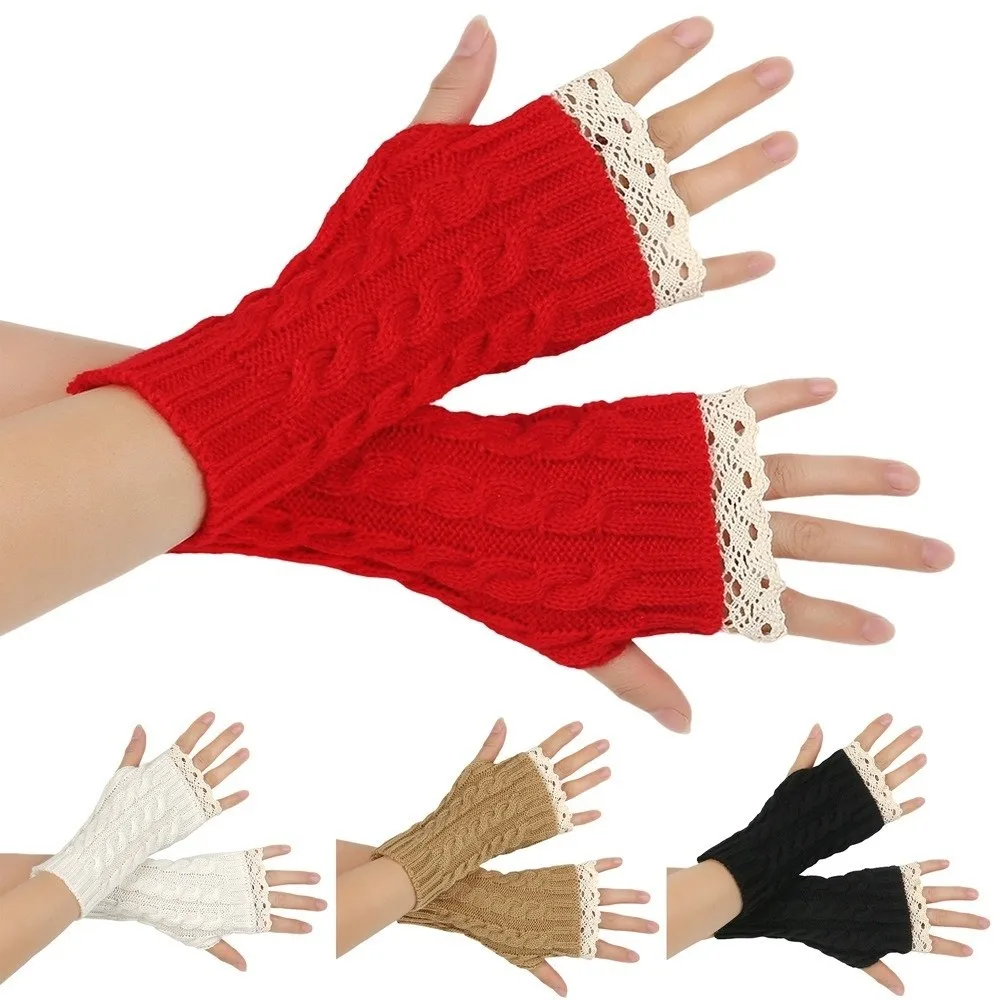 Cozy Lace Trim Fingerless Mittens Long Warm Half Finger Gloves Wrist Protection Thicken Arm Warmers Women Use