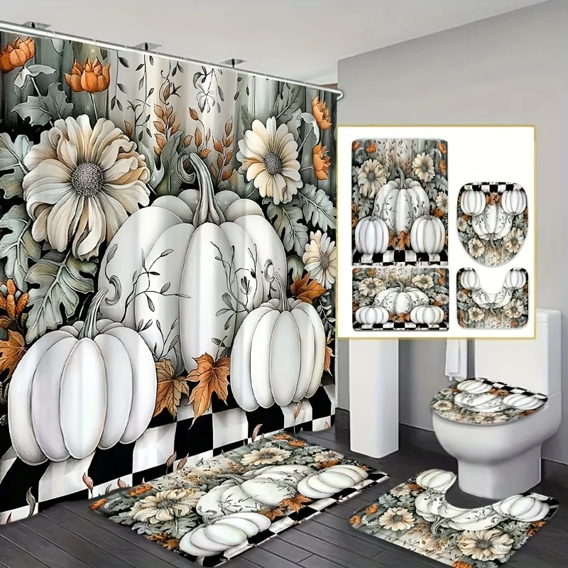

4 шт., осенний кленовый лист, тыква, цветок, украшение для ванной комнаты, занавеска для душа, U-образный коврик, сиденье для унитаза, нескользящий коврик