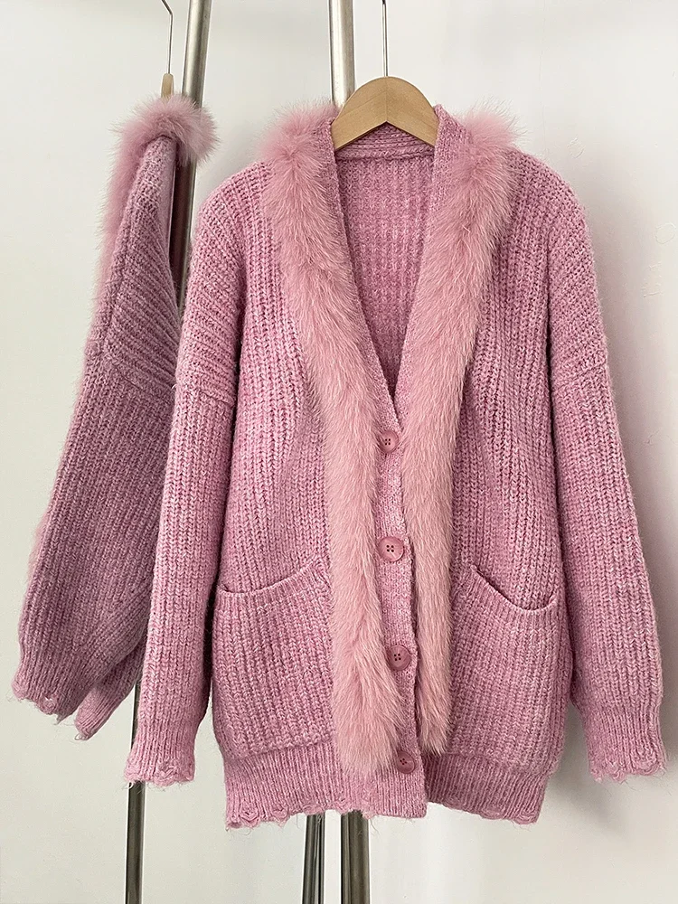المرأة محبوك سترة طويلة الأكمام معطف جديد ربيع الخريف الحياكة الملابس الإناث موضة ريال فوكس الفراء سترة سترة #6