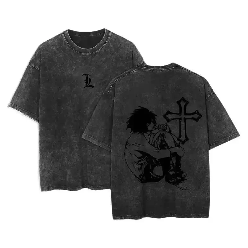 Yagami Light L Lawliet Print T-shirt Anime Death Note Short Sleeve Men Women Tshirts Retro Washed T Shirt Harajuku Cotton Tops