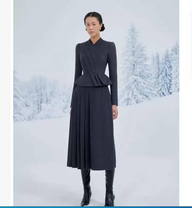 Autumn and winter woolen woolen suit women's pleated top half skirt temperament two-piece set