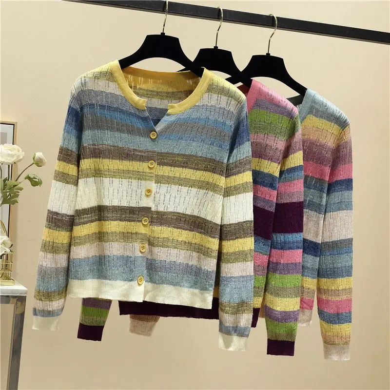 Rainbow Striped V-Neck Knitted Casual Chic Long Sleeve Women\'s Cardigan Single Breasted Sweater Cardigan For Women Clothing 2024