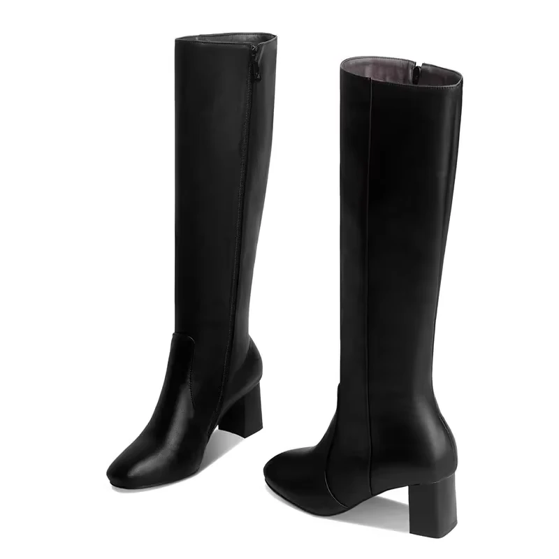 

Winter Women Knee High Boots Red Black White Soft Party Office Ladies Round Toe High Square Heels Plush Zipper Long Riding Boots