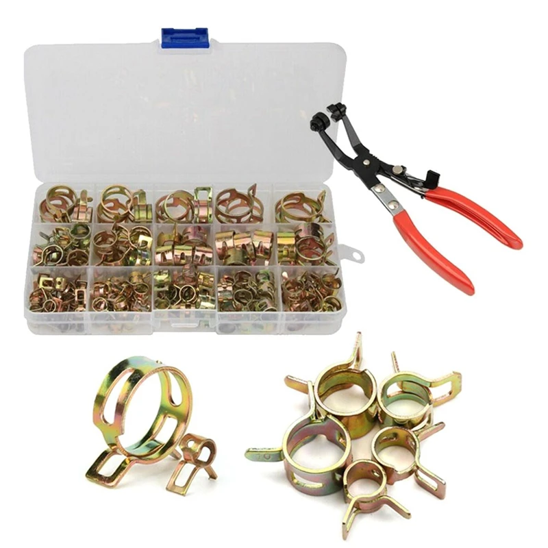 

115PCS 6-22Mm Spring Hose Clamps + Manual Pliers Zinc Plated Gas Water Hose Clamp Metal Tools Assortment Kit