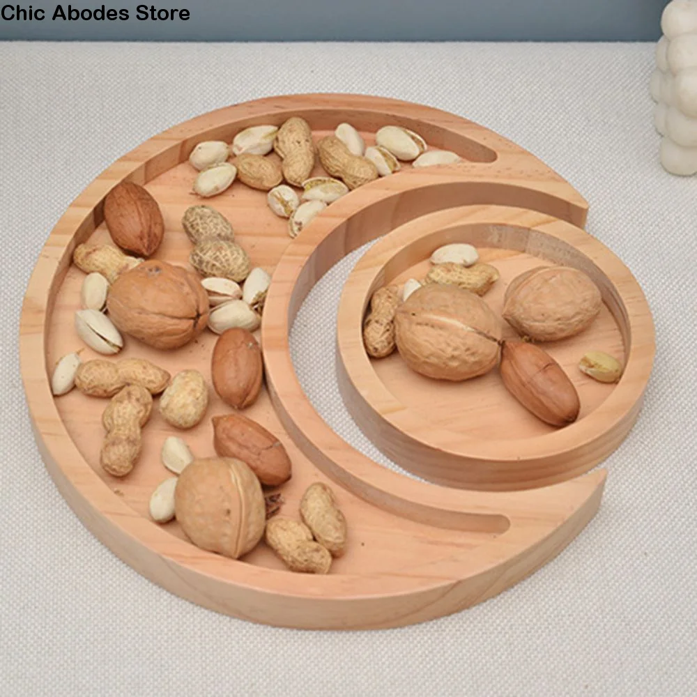 

Crescent Shaped Ramadan Snack Tray with Round Dish Wooden Eid Serving Tray Durable Moon Candy Plate Muslim