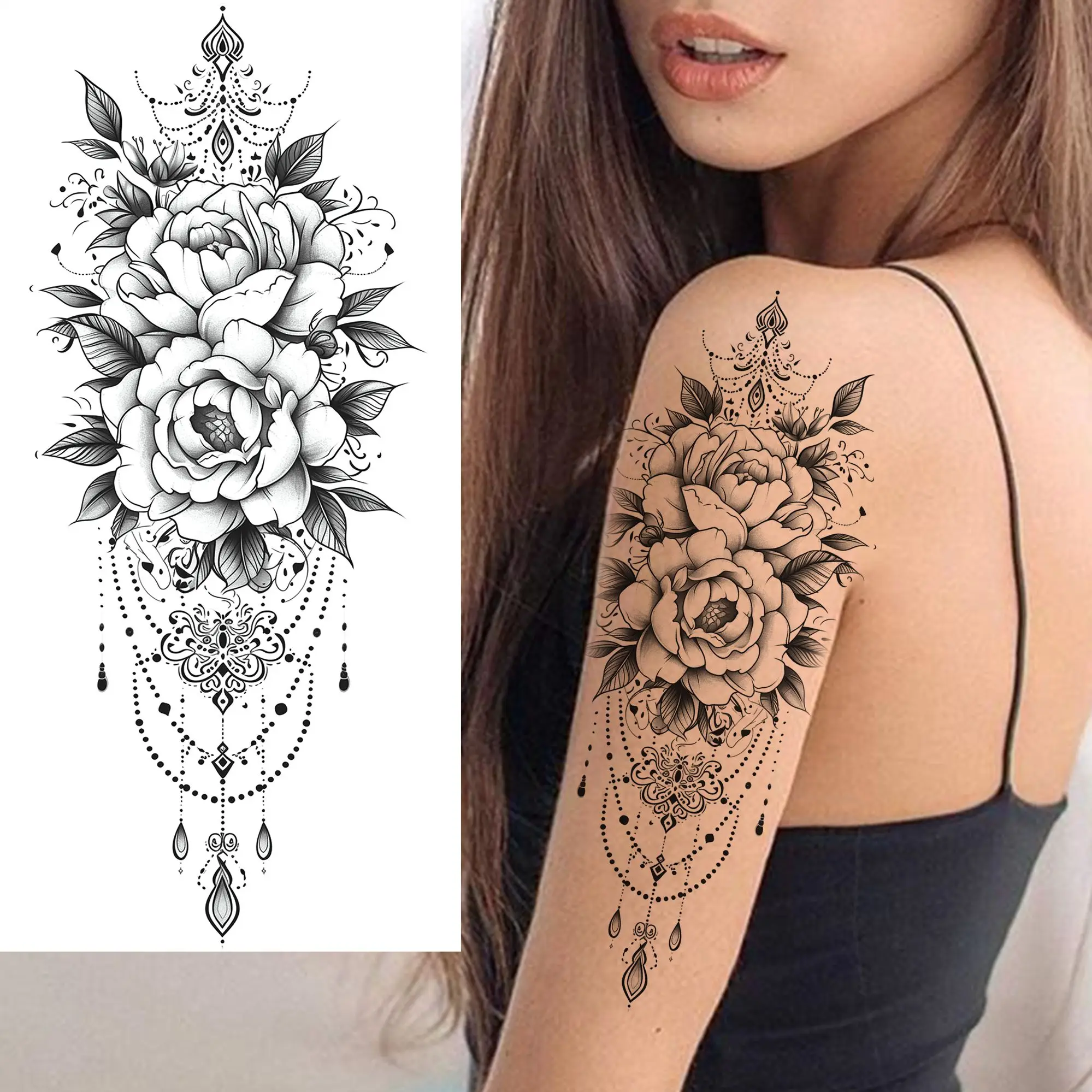 1 Sheet Peony Rose Flower Pendant Temporary Tattoos For Women Tatoos Waterproof Realistic Fake Jewelry Tattoo Sticker Last Long
