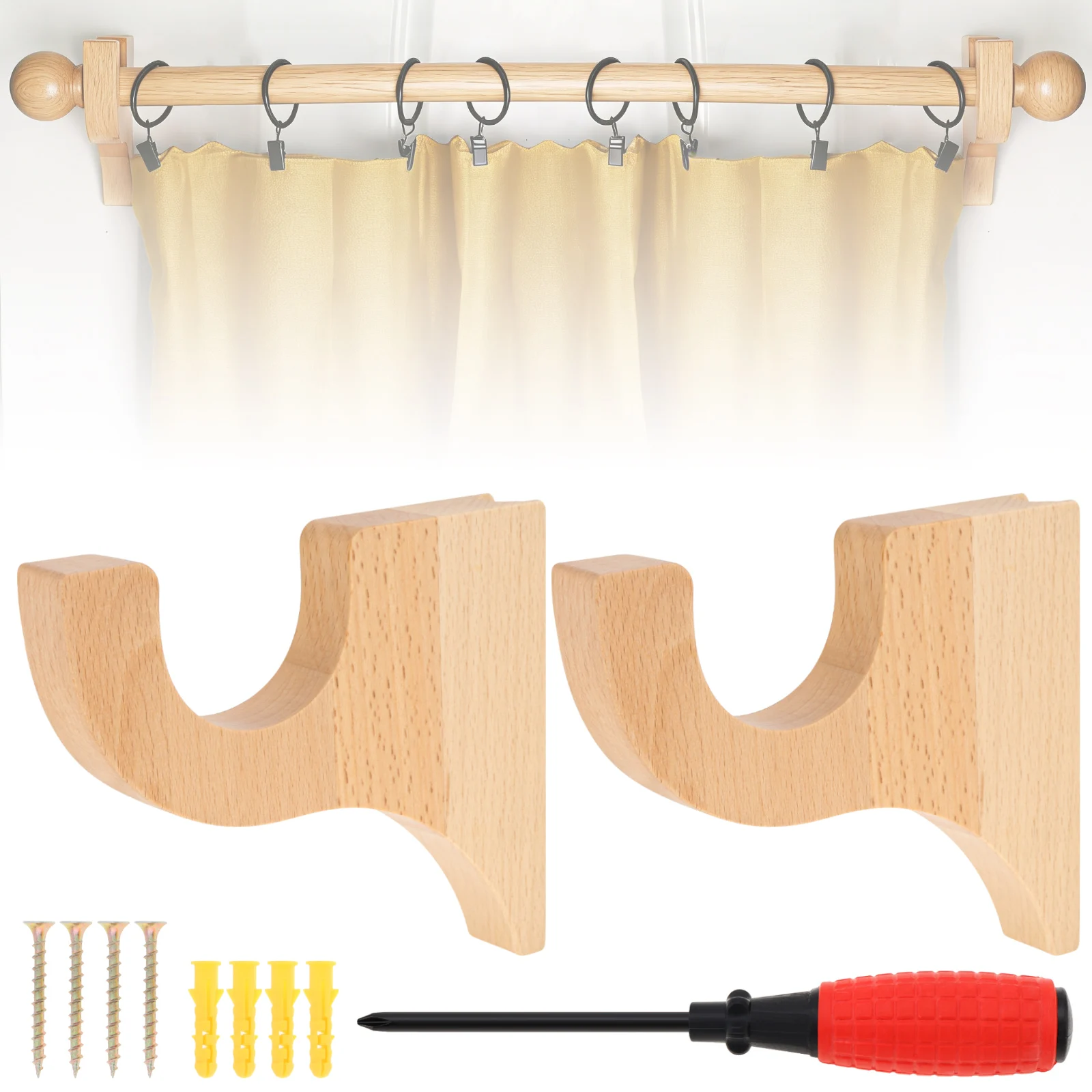 2 Pcs Upgrade Beech Wood Curtain Rod Brackets with Screwdriver Wood Classics Curtain Rod Holder Hook Rack For Livingroom Bedroom
