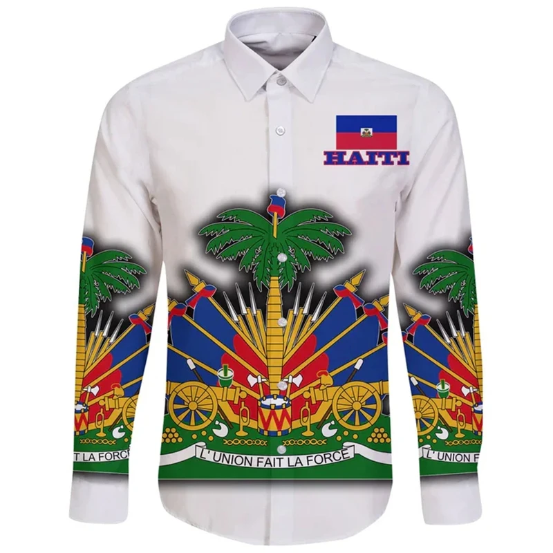 Camisa de manga larga para hombre, ropa de calle con estampado 3D de tatuaje Retro Vintage, Bandera de Haiti, Mar caribeño, Harajuku, informal