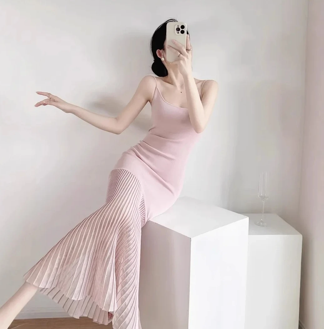 Vestido Sexy de punto satinado con espalda descubierta para mujer, vestido ajustado con tirantes y dobladillo de cola de pez, vestido largo con chaleco de seda helada de alta calidad