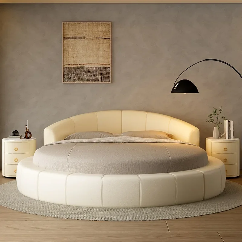 Leather round bed simple modern design high-grade solid wood row skeleton