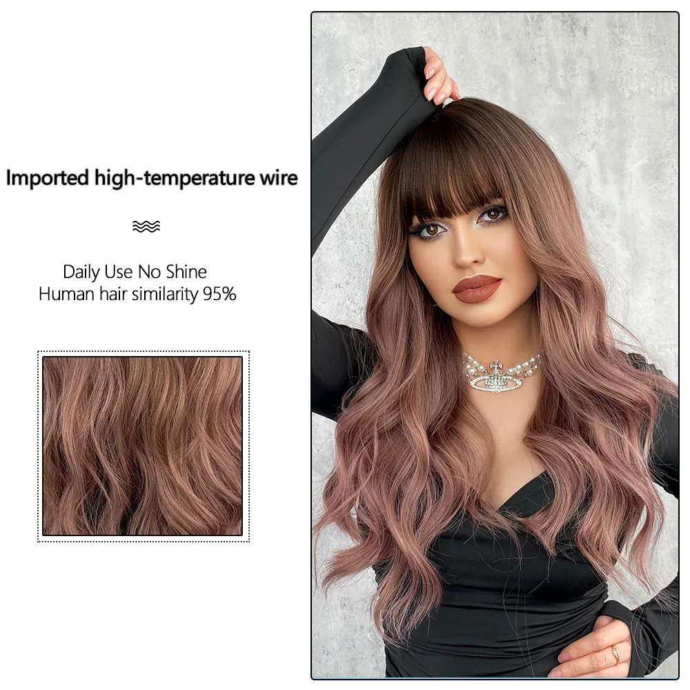 Pink Brown Ombre Wig Women Wig with Bangs Long Wavy Wig Daily Party Cosplay Lolita Heat Resistant Synthetic Natural Fake Hair