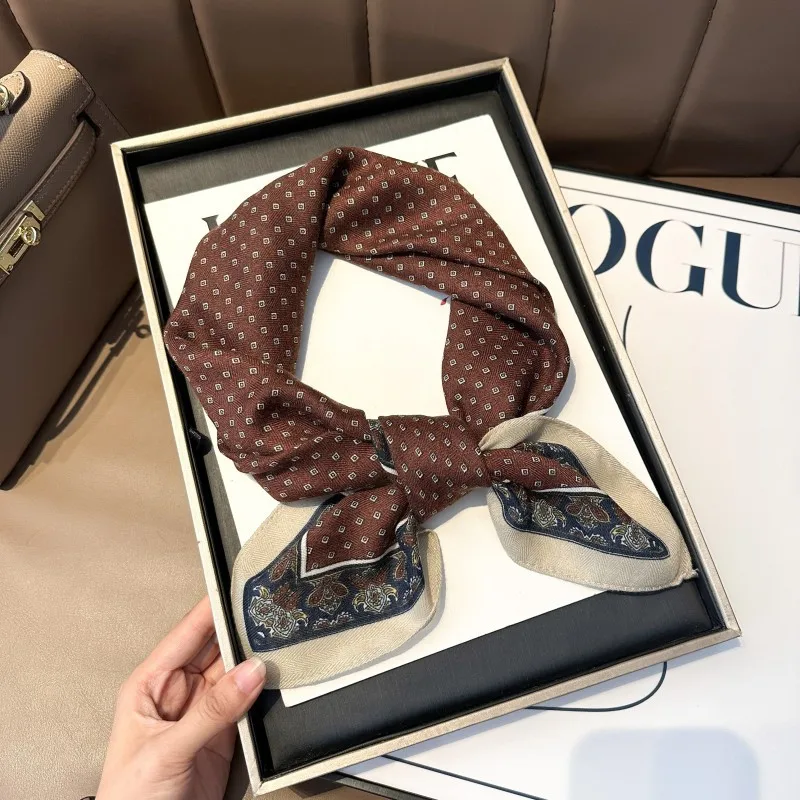 

New Cashew Flower Cotton Brown Small Square Scarf, Belt Fashion Neck Protection Scarf, Imitation Silk Wool Silk Scarf