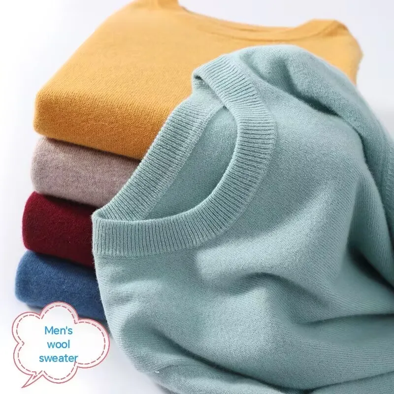 Sweater wol leher bulat pria, Sweater kasmir rajut leher bulat lengan panjang, Hoodie longgar warna Solid musim gugur/musim dingin 100%