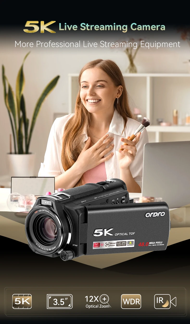 ORDRO XV80 Live Streams Digital Camera Camcorder 4K 12X Optical Zoom Big Touchscreen for Photograph YouTube Videos