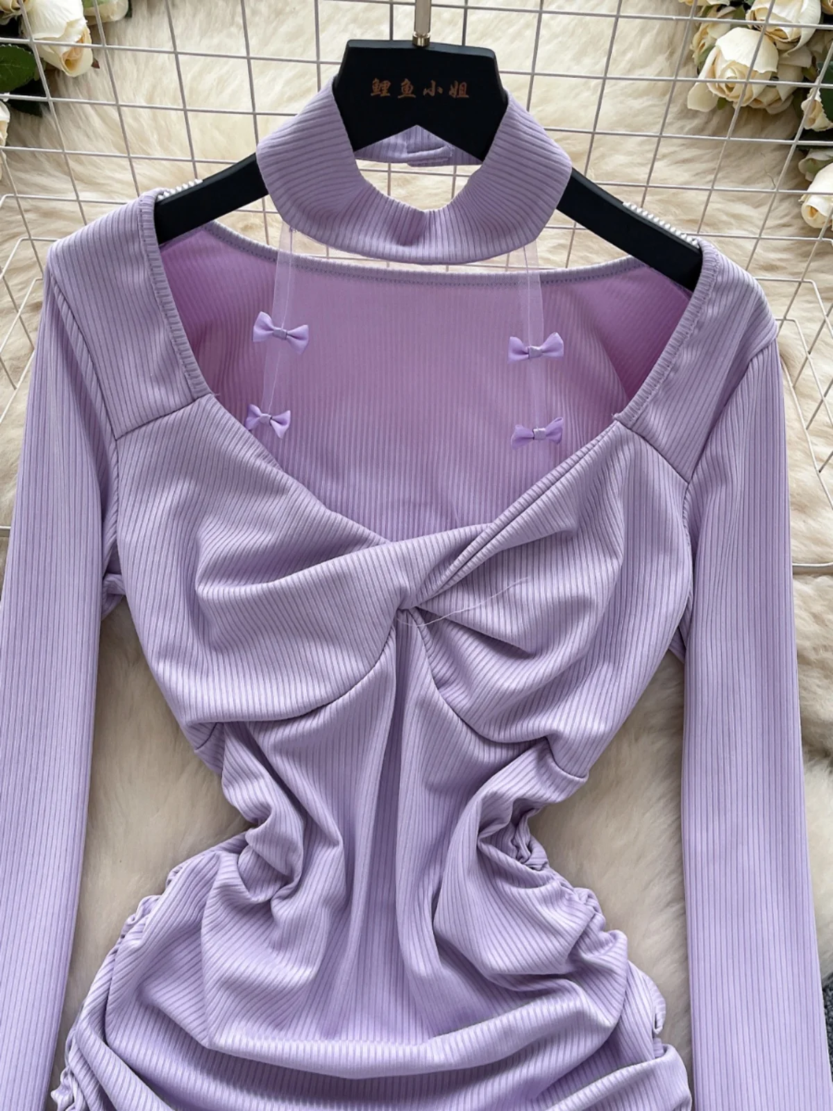 Foamlina French elegant Knitted Dress Women's Winter Fold Slim Kink Chic Design Pure Lust Spice Girl Short Purple dress