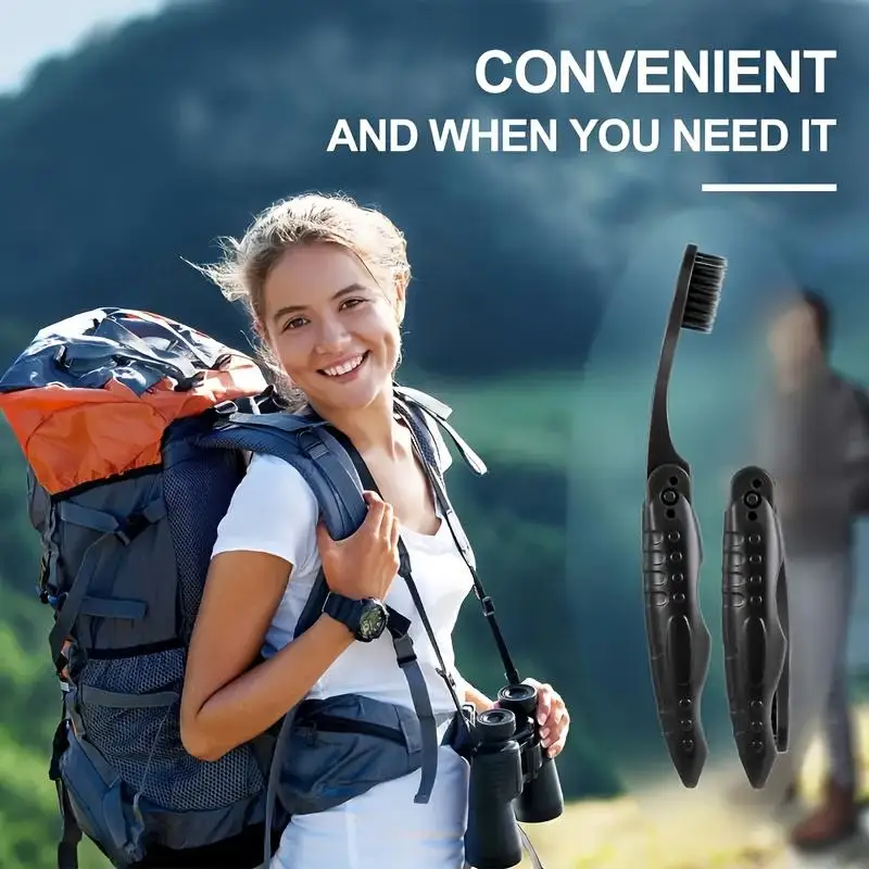 1/3/5Pcs Portable Black Full-head Manual Folding Travel Toothbrush Medium Bristles Microfiber Unscented Easy To Clean^..