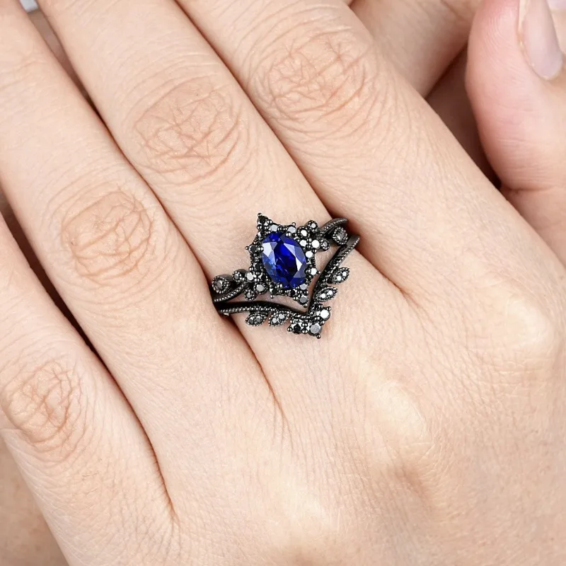 European and American fashion new gun black jewelry, navy blue zircon inlaid double-layer women\'s ring