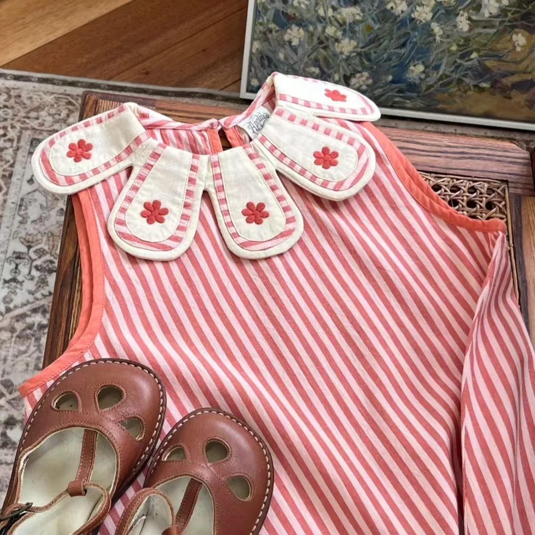 Striped Dress Casual Fashionable Cute and Sweet New Summer Embroidered Petal Collar Striped Sleeveless Dress