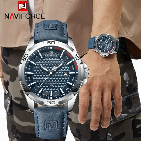 NAVIFORCE Men Wristwatch Top Brand Luxury Waterproof Watches Blue Genuine Leather Sport Military Quartz Original Male Clock 8023