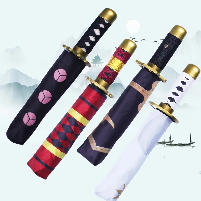 3-folding Demon Slayer Umbrella Kimetsu No Yaiba Tanjirou Katana Umbrella Kokushibo Anime Rain Gear Life Supply Home Accessories