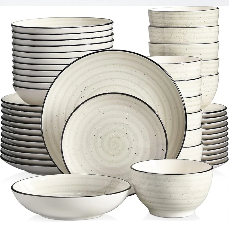 Ceramic Dinnerware Set Service for 6, Stoneware Set, Bowls Set, Dishes Set, Including Dinner Plates, Dessert Plates, Salad Bowl