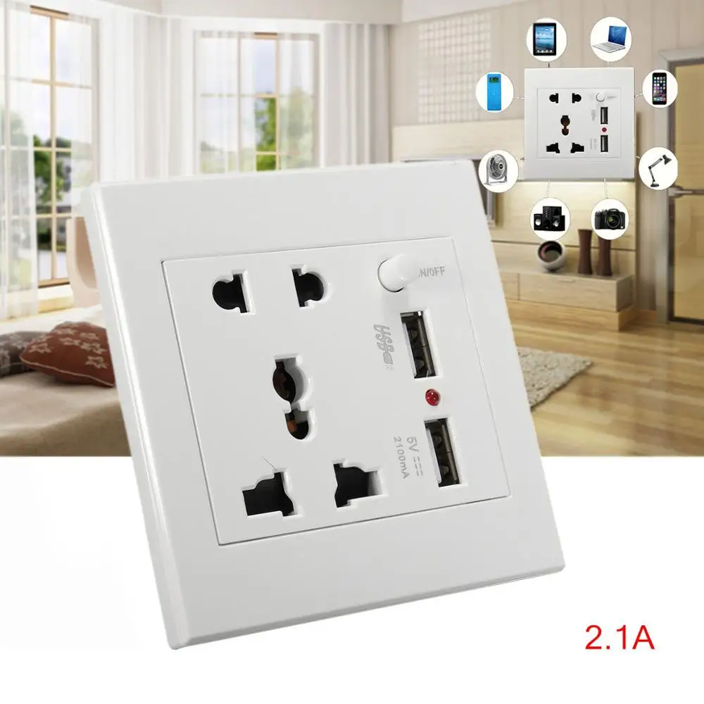 

2.1A Dual USB Wall Charger Socket Adapter Universial Power Outlet Panel w/Switch - intl