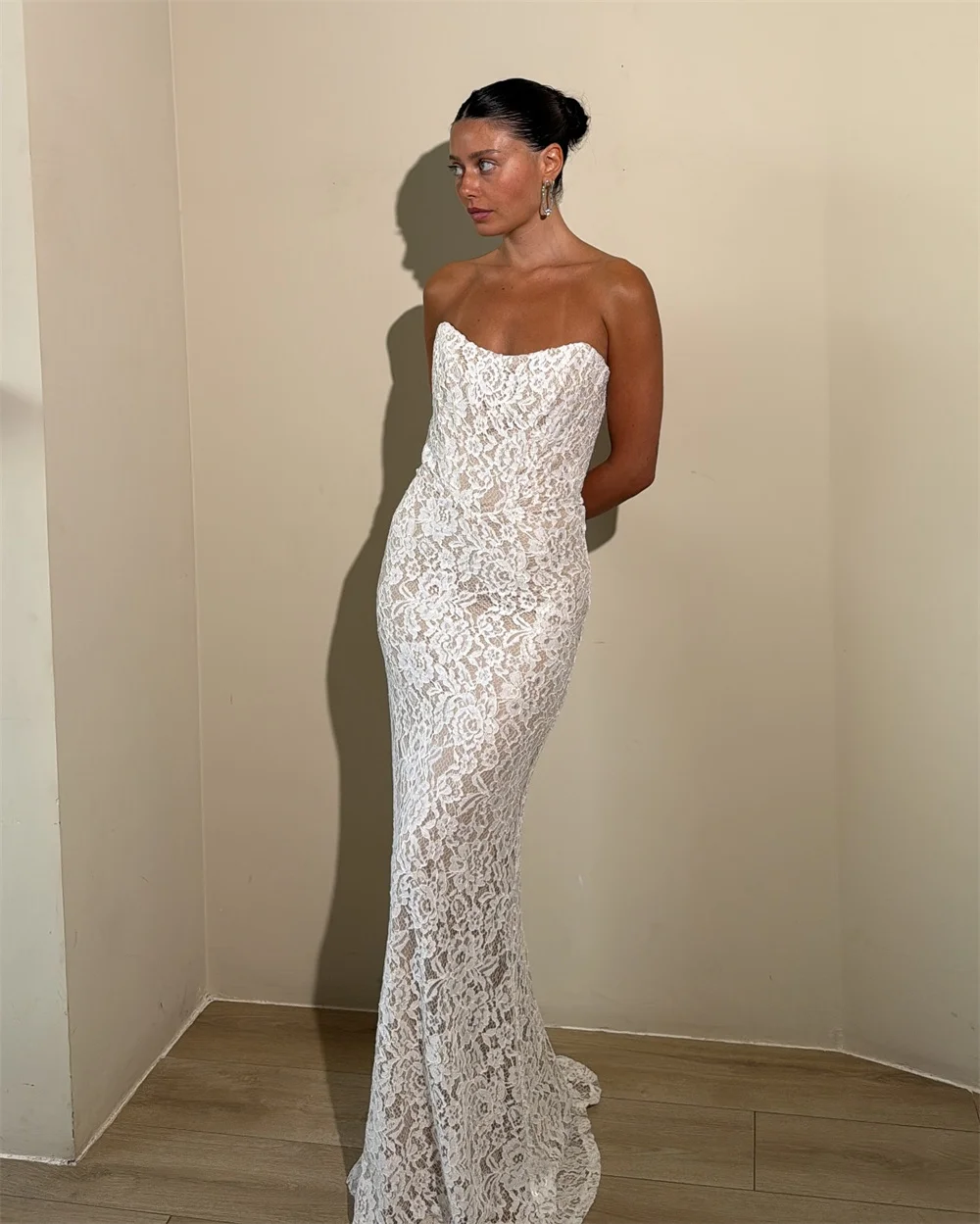 Suknia ślubna w stylu syreny, bez ramiączek, z białej koronki, szyta na miarę w Kiotoku, elegancka, bez rękawów, vestidos de noche, długa do podłogi, formalna suknia wieczorowa.