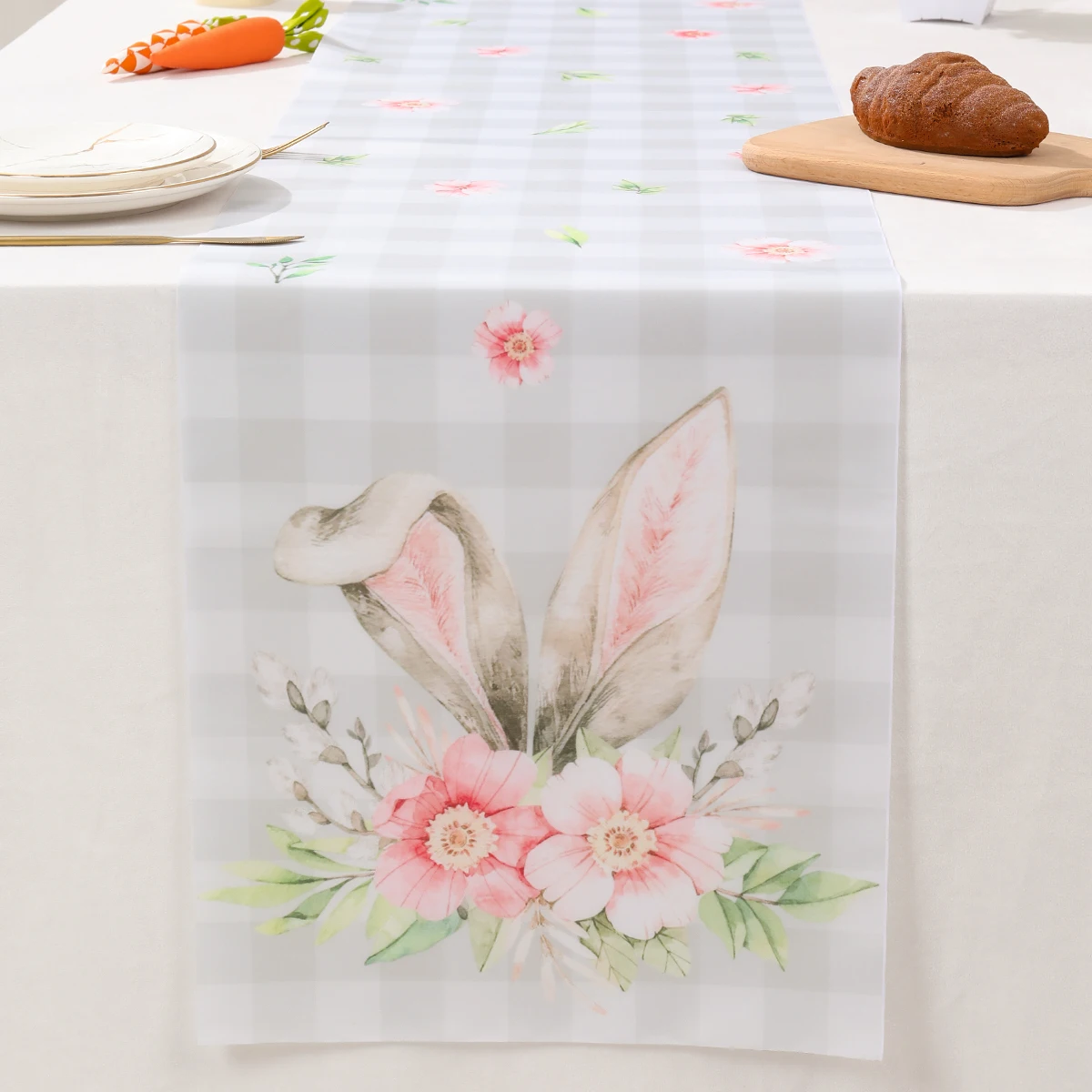 Easter Plaid Flowers Rabbit Ears Table Runner Happy Easter Party Decorations For Home 2025 Kids Favors Gift Dining Table Cover