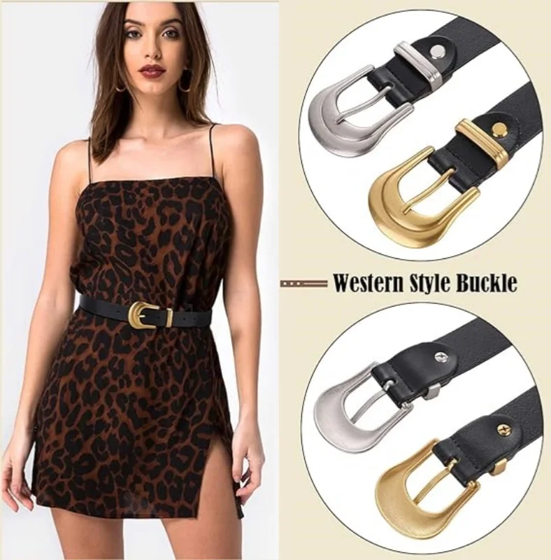 Genuine Leather Women's Belt Black Belt with Gold Buckle Western Belts for Women Black Leather Belt Retro Waist Belts