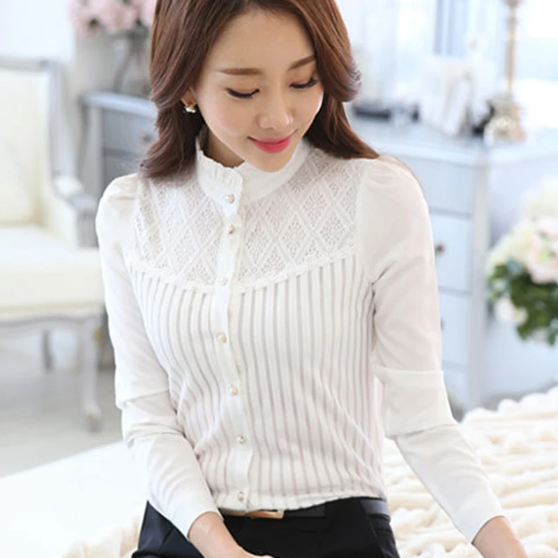 Formal White Blouses Spring Fall Korean Mock Neck Button Up Long Sleeve Lace Striped Patchwork Elegant Office Chiffon Shirts Top