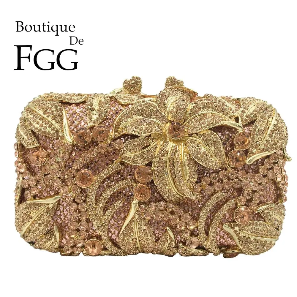 Boutique De FGG Women Champagne Evening Purses and Handbags Wedding Party Dinner Crystal Flower Clutch Bags Minaudiere Bag