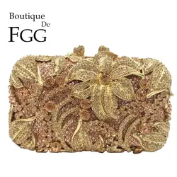 Boutique De FGG Women Champagne Evening Purses and Handbags Wedding Party Dinner Crystal Flower Clutch Bags Minaudiere Bag