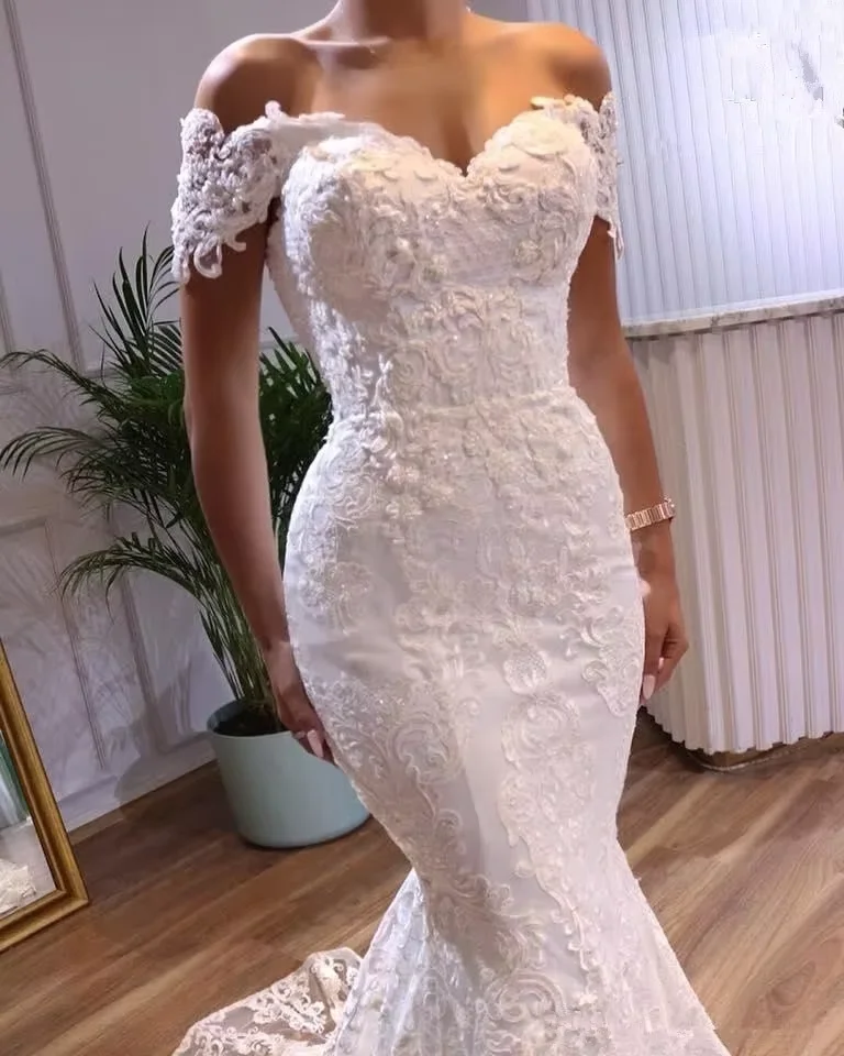 Flavinke Abiti da sposa sexy a sirena personalizzati con spalle scoperte Sweetheart Applicazioni in pizzo Tulle Abiti da sposa Vestido De Novia