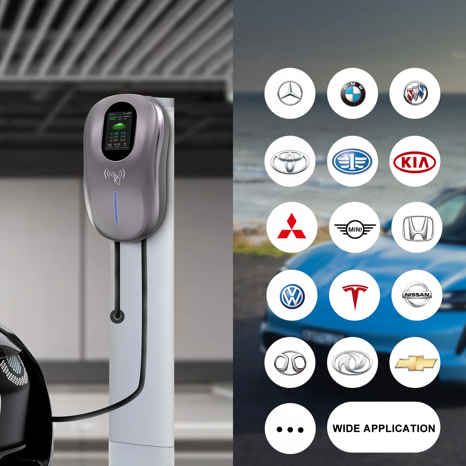 

Portable Wall-Mounted EV Charger with LCD Screen, 9.6kW Output, 40A Current, Suitable for Type 1/2 Vehicles