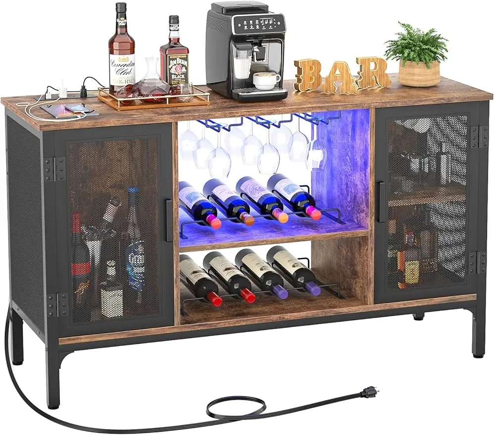 Wine bar cabinet with Led lights and power outlets, industrial coffee bar cabinet and glasses, removable wine rack