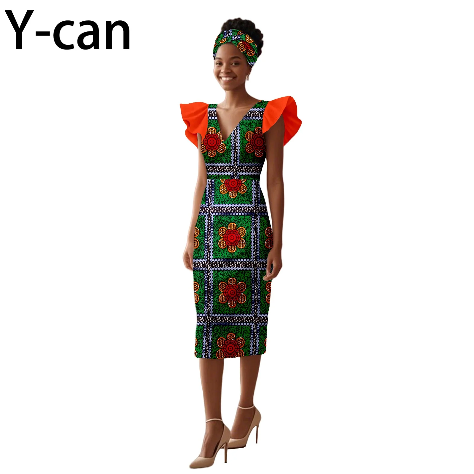 

African Dresses for Women Ruffle Sleeve V-neck Patchwork Print Gown with Headscarf for Wedding Party Elegant Lady Dress 2525109