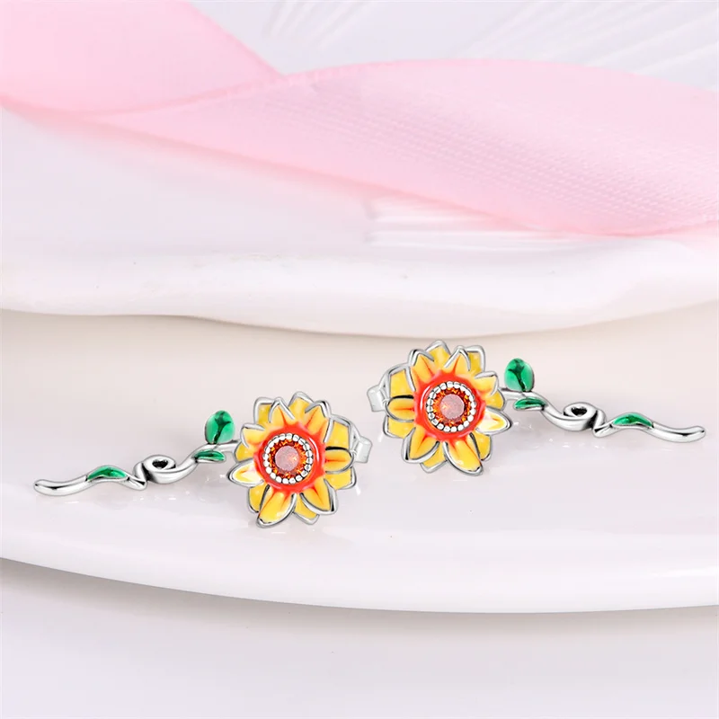 Original 2024 Charm S925 Sterling Silver Sunflower Drop Earrings For Women Flower Earrings Engagement Anniversary Jewelry Gift