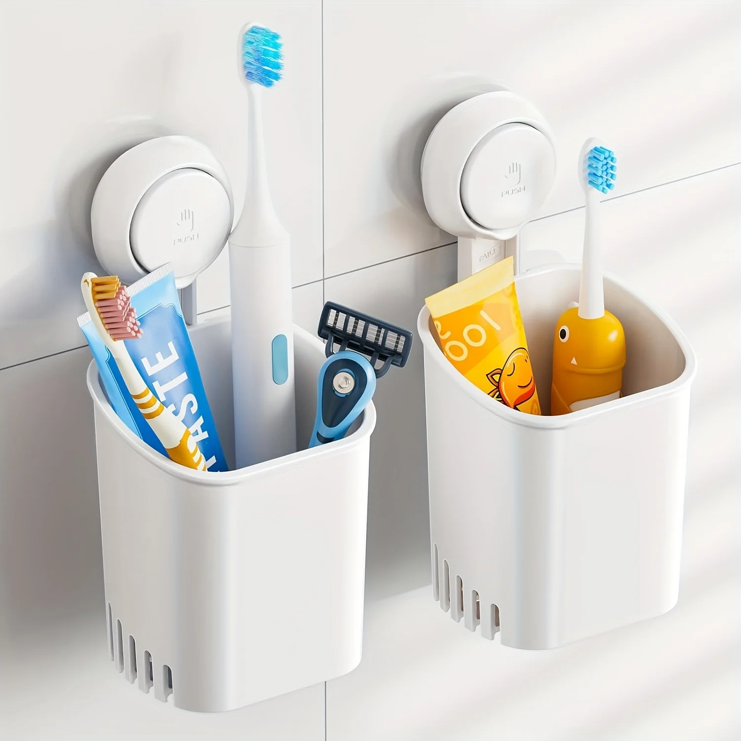 

Suction Cup Toothbrush Holder - No Drill Bathroom Organizer with Self-Draining Design, Strong Adhesive Shower Caddy