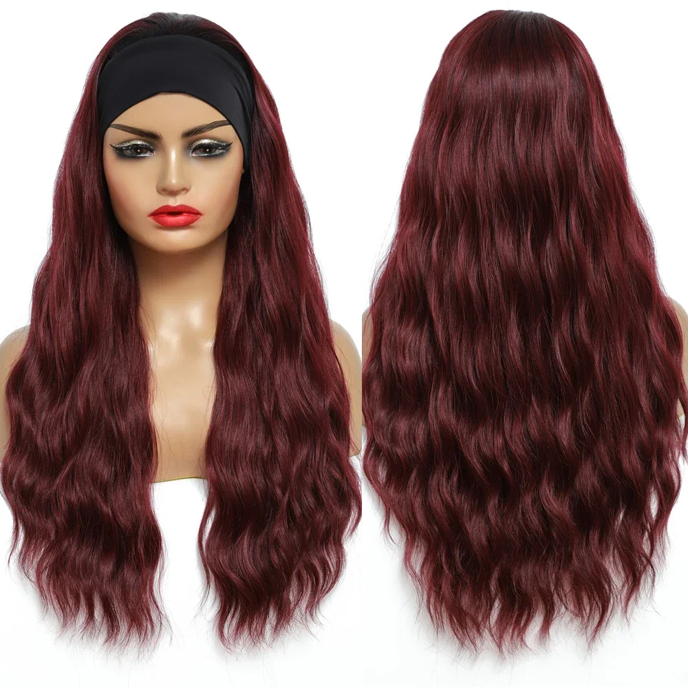 Red Wine Color Headband Wigs for Black Women Long Natural Wavy Glueless Full Machine Made Synthetic Wig Heat Resistant X-TRESS