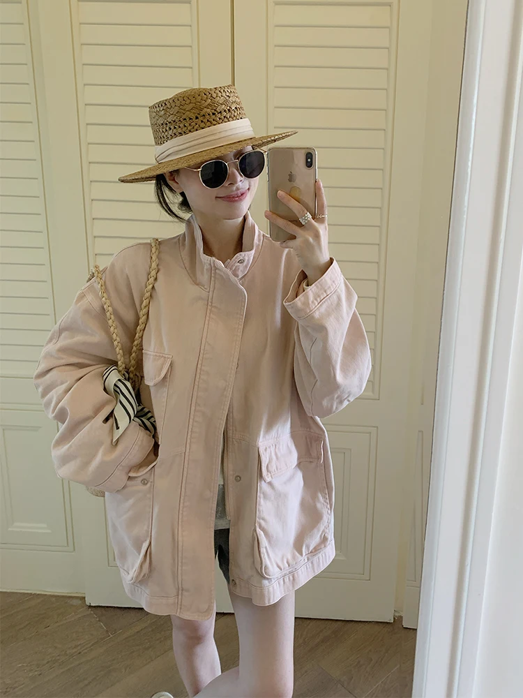 

Розовая рабочая куртка ELA UII, свободная повседневная универсальная мотоциклетная куртка, весна 2026, женская, хлопковая, с длинными рукавами, на молнии