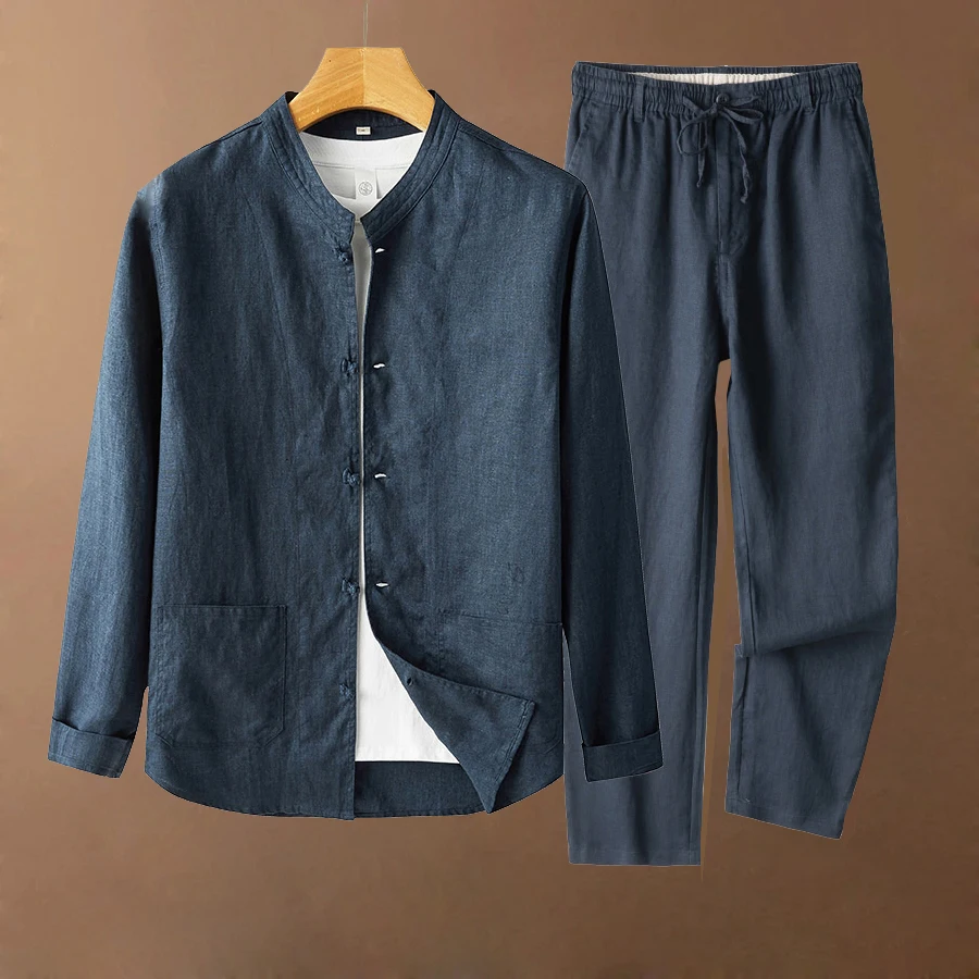 

Men's Linen Suit Long Sve Casual irt Traditional Chinese Collar New Sle Pure Linen Material Spring Autumn Men's Wear