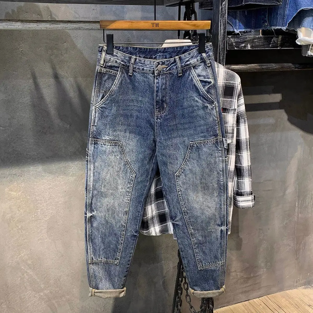 

Ретро модная брендовая роскошная дизайнерская одежда, тяжелые потертые джинсы, мужские свободные прямые японские трендовые универсальные брюки