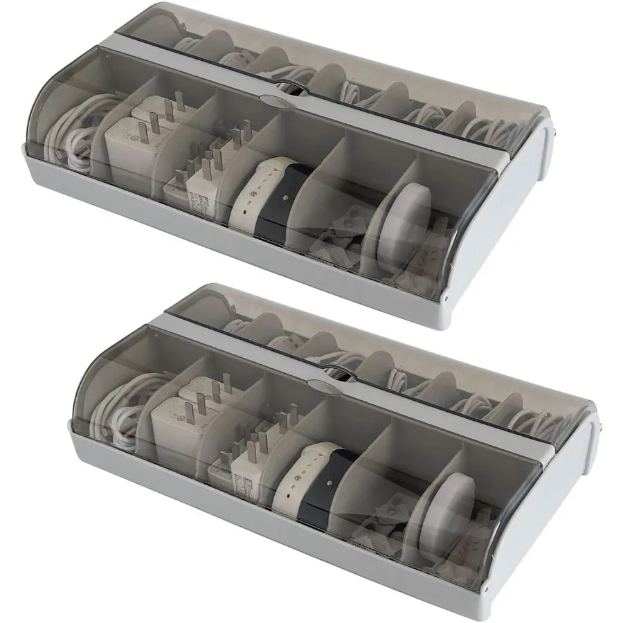 

2 Pack Extra Large Cable Organizer Box with 12 Compartments Plastic Desk Drawer Storage with Lid for Cords Wire Phone Charger A