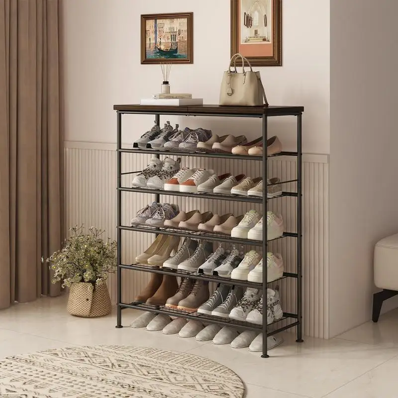 

4/5/6 Tier Shoe Rack Organizer for Closet Entryway Free Standing Metal Storage Shoe Shelf with MDF Top Board