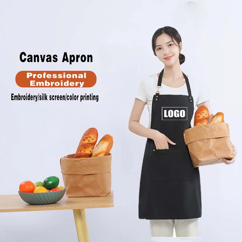 

1PCS Custom Logo Brand Embroidery Kitchen Apron Beauty Salon Coffee Shop Attendant Work Accessories Uniform Denim Canvas Apron