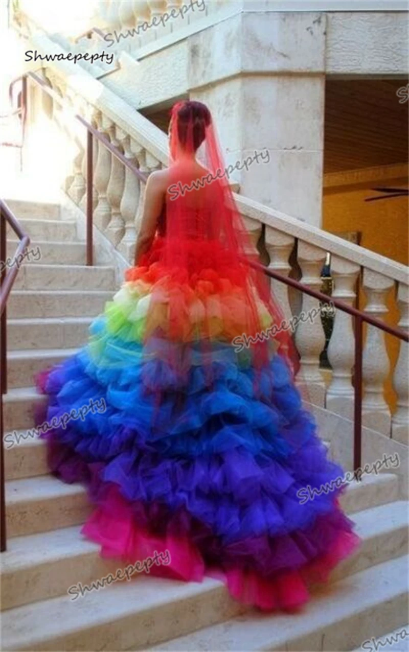 Rainbow Organza Wedding Dress With red Veil Tiered Strapless Sweetheart Stylish Colorful A Line Gothic Bridal Gowns Customized